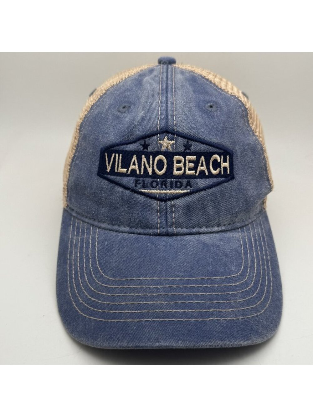 Vilano Beach Florida Trucker Hat Cap Blue Tan Adjustable DMR Classic Headwear